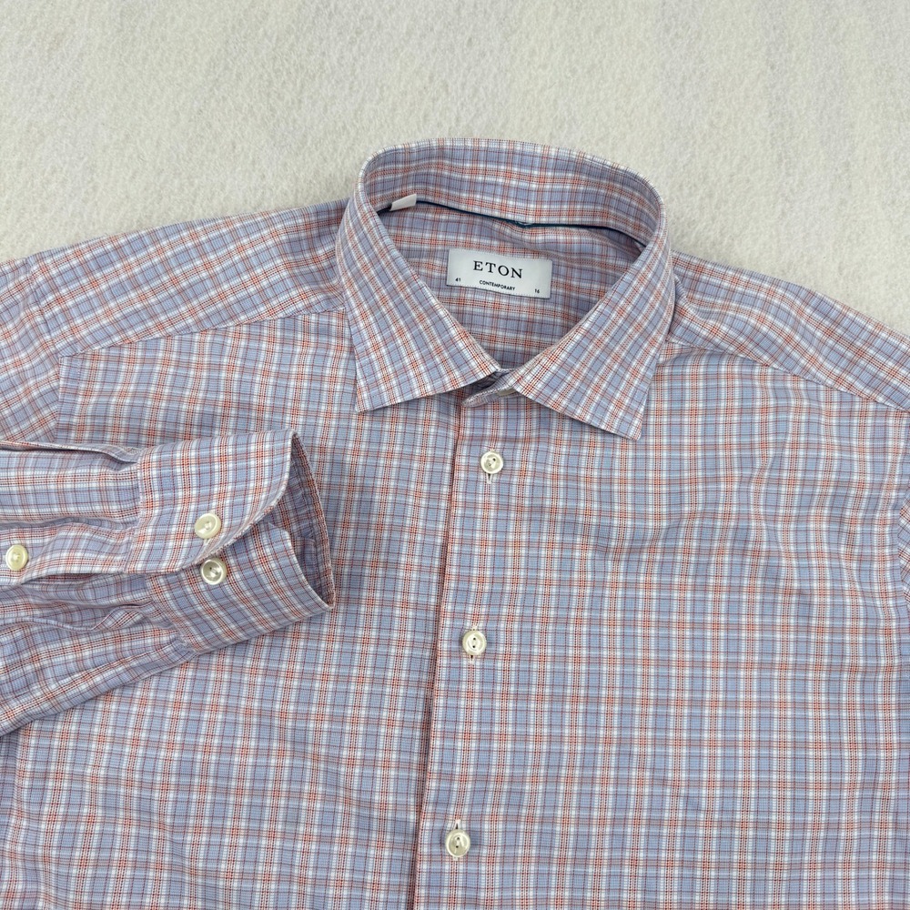 Eton Contemporary Fit Long Sleeve Dress Shirt Mens 16-41 Blue/Orange Plaid